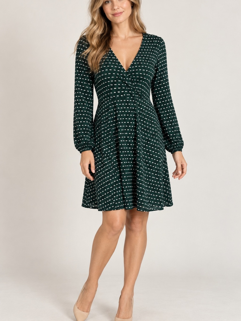 Maeve Anthropologie Green Print Wrap Dress Size M Belted V Neck Long Sleeves